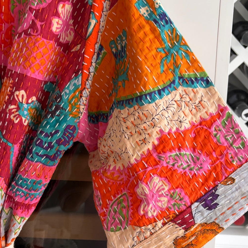 Vibrant kantha Patchwork Kimono Robe in Orange & Pink - Picture 2 of 7